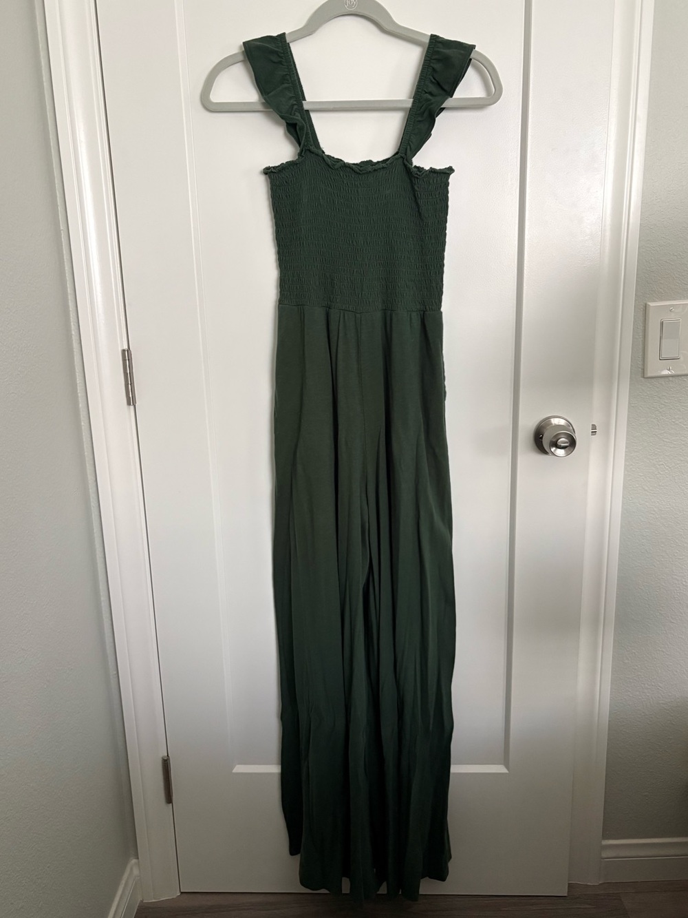 Aerie Dark Green Smocked Wide Leg Jumpsuit with Ruffle Straps